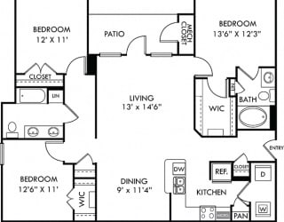 The Barton 3 bedroom apartment. Kitchen with bartop open to living & dining rooms. 2 full bathrooms, double vanity in guest bathroom. Walk-in closet in master. Patio/balcony.