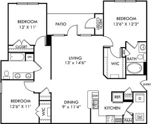 The Barton 3 bedroom apartment. Kitchen with bartop open to living & dining rooms. 2 full bathrooms, double vanity in guest bathroom. Walk-in closet in master. Patio/balcony.