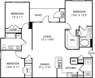 The Barton 3 bedroom apartment. Kitchen with bartop open to living &amp; dining rooms. 2 full bathrooms, double vanity in guest bathroom. Walk-in closet in master. Patio/balcony.