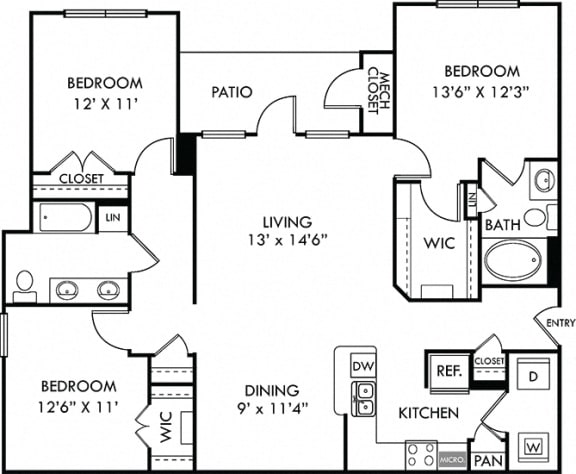 The Barton 3 bedroom apartment. Kitchen with bartop open to living & dining rooms. 2 full bathrooms, double vanity in guest bathroom. Walk-in closet in master. Patio/balcony.
