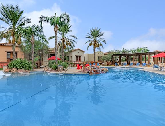 A large swimming pool surrounded by palm trees and lounge chairs.