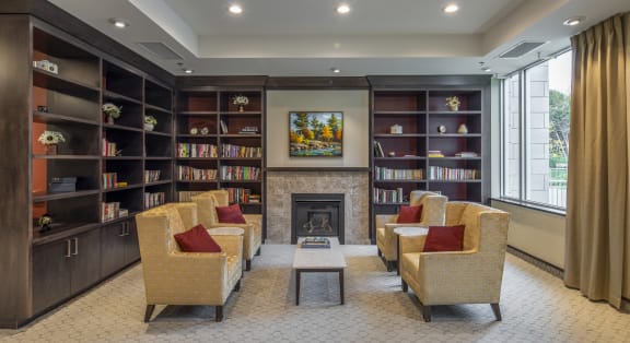 A seating area in front of a fireplace in a library