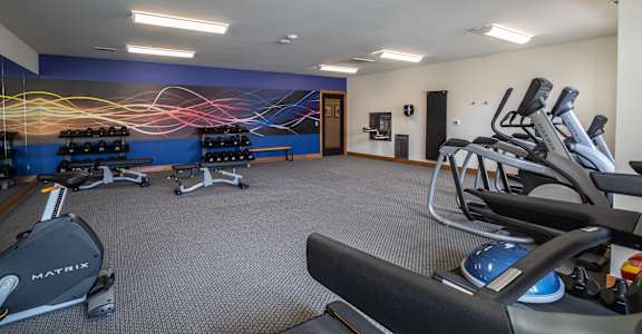 A gym with a blue wall and a row of treadmills.