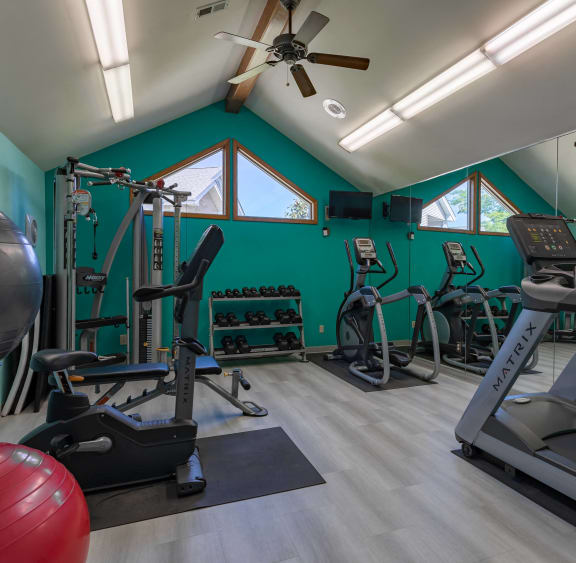a gym with treadmills and other exercise equipment and a ceiling fan