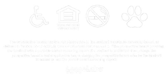 A black and white image with symbols for equal housing opportunity, a house, no pets, and a paw print.