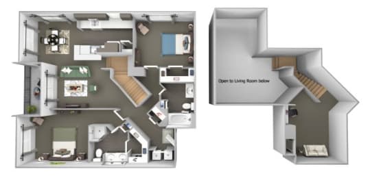 Avenel at Montgomery Square floor plans - The Gwynned 1 Loft - B8 - 2 Bed 2 Bath - 3D