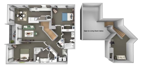Avenel at Montgomery Square floor plans - The Gwynned 1 Loft - B8 - 2 Bed 2 Bath - 3D