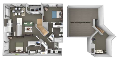 Avenel at Montgomery Square floor plans - The Gwynned 2 Loft - B10 - 2 Bed 2 Bath - 3D