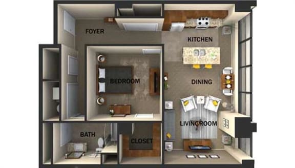 Suite Style D One Bed  One Bath FloorPlan at Residences At 1717, Cleveland, 44114