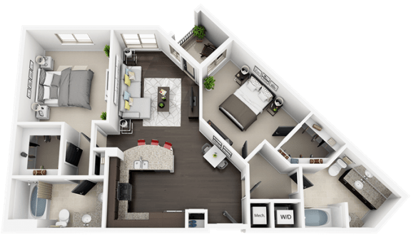 2 Bed 2 Bath plan B1 Floor Plan at Accent, Los Angeles, CA
