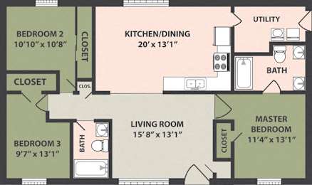  Floor Plan 3-Bed, 2-Bath, Single Family, Market