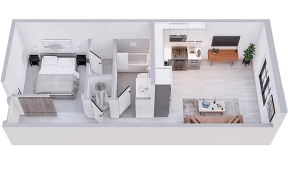 A top-down view of a small, neatly organized apartment with a bed, a desk, and a kitchenette.