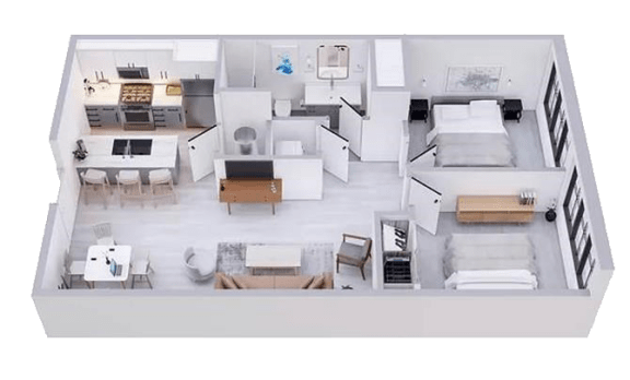 A top-down view of a small, neatly organized apartment with a kitchen, living room, and bedroom.