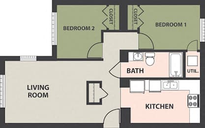  Floor Plan 2-Bedroom, 1-Bath
