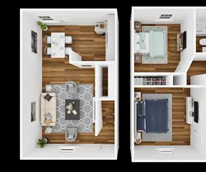 A top down view of a small apartment with a living room and a bedroom.