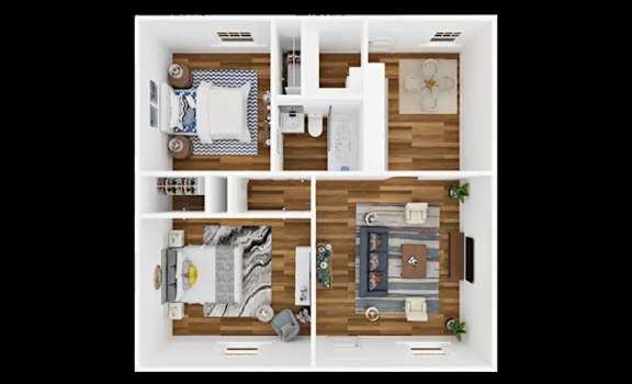A top-down view of a modern apartment layout with a kitchen, living room, and bedroom.