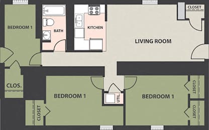  Floor Plan 3-Bedroom, 1-Bath