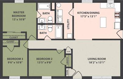  Floor Plan 3-Bed, 2-Bath, Single Family