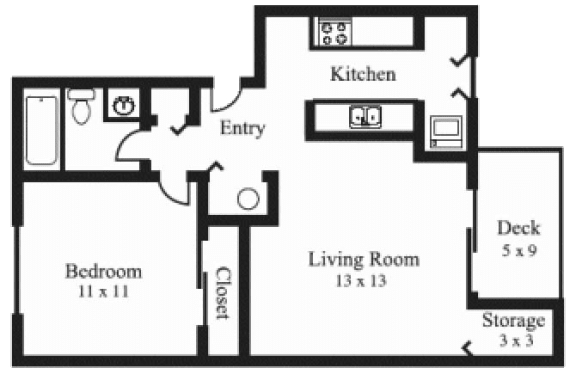 Floor Plan  1Bedroom, 1Bath - Small