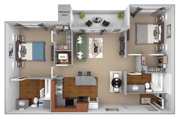 B1 3D floor plan 2-bedroom First and Main Apartments - 3D Floor Plan