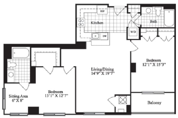 2 bed 2 bath floorplan for The Danforth, at Wentworth House,North Bethesda, MD, 20852