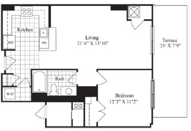 1 bed 1 bath floorplan for The Berkshire, at Wentworth House,North Bethesda, MD
