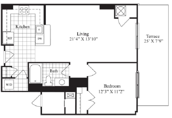 Floor Plan  1 bed 1 bath floorplan for The Berkshire, at Wentworth House,North Bethesda, MD