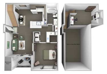 Avenel at Montgomery Square floor plans - The Wales with a loft - A4 - 1Bed 1Bath - 3D
