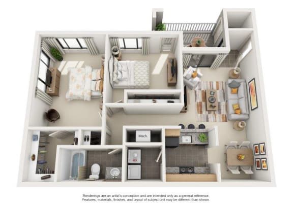 Winchester Floorplan 2 Bedroom 1 Bath 884 Total Sq Ft at Rosemont Apartments, Roswell, GA 30076