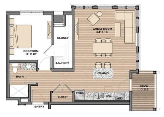 1 Bed, 1 Bath, 785 sq. ft. The Drive