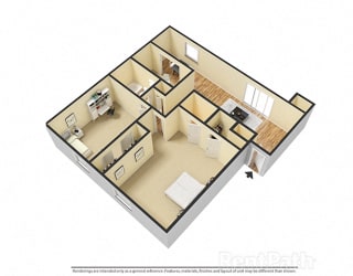 2 BR, 2 Bath Floor Plan 3D View at Pickwick Farms Apartments, Indianapolis