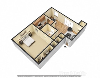 1 BR, 1 Bath Floor Plan 3D View at Pickwick Farms Apartments, Indianapolis, IN