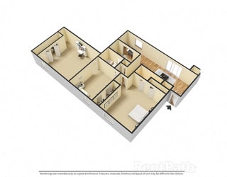 3 BR, 2 Bath Floor Plan 3D View at Pickwick Farms Apartments, Indiana