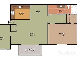 1 Bedroom, 1 Bath Plus Den Floor Plan at Waterstone Place Apartments, Indianapolis