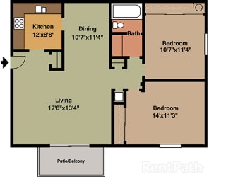 2 Bedroom 1 Bath Floor Plan at Waterstone Place Apartments, Indiana