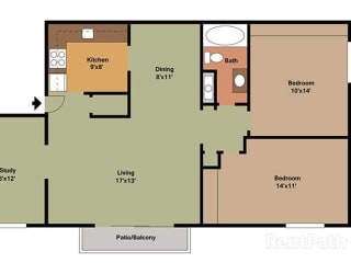 2 Bedroom 1 Bath Plus Den Floor Plan at Waterstone Place Apartments, Indianapolis, IN, 46229