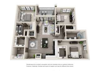 Lake Creek 3D. 3 bedroom apartment. Kitchen with island open to living/dining rooms. 2 full bathrooms, double vanity in master. Walk-in closets. Patio/balcony.