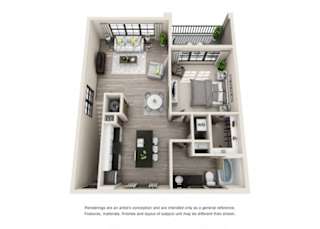 The Pickett 3D. 1 bedroom apartment, 1st floor entry. Kitchen with island open to living room. 1 full bathroom. Walk-in closet. Patio/balcony.