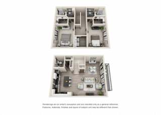 The Shawnee 3D. 2 bedroom townhome. Kitchen with island open to living/dining rooms. 2 full bathrooms + powder room. Walk-in closets. Patio/balcony.