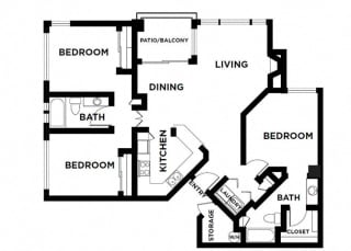 three bed two bath  with patio/ balcony 1198 sqft