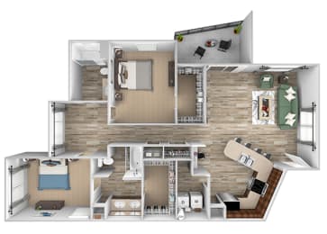 ABQ Uptown Apartments - B12 - 2 bedroom and 2 bath - 3D floor plan