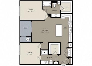 2 bed 2 bathB2 Floor Plan at Westerly Apartments, Littleton, CO, 80127