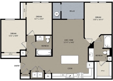 3 bed 2 bath C1 Floor Plan at Westerly Apartments, Littleton