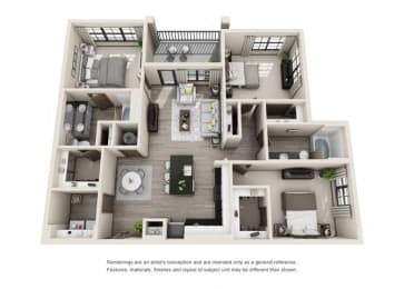 Lake Creek 3D. 3 bedroom apartment. Kitchen with island open to living/dining rooms. 2 full bathrooms, double vanity in master. Walk-in closets. Patio/balcony.
