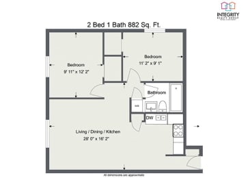 2Bed 1 Bath 882 Floor Plan at  Integrity Medina Apartments, Integrity Realty LLC, Medina, 44256