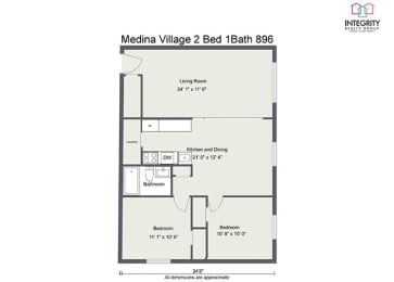 2bed 1bath 896 Floor Plan at  Integrity Medina Apartments, Integrity Realty LLC, Medina, OH