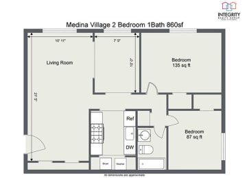 2 Bedroom 1 Bath 860sf nest Floor Plan at  Integrity Medina Apartments, Integrity Realty LLC, Medina, Ohio