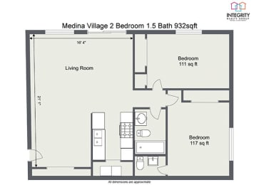2 Bedroom 1.5 Bath 932sqft Floor Plan at  Integrity Medina Apartments, Integrity Realty LLC, Ohio, 44256