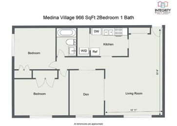 952 SqFt 2 Bedroom 1 Bath Den Floor Plan at  Integrity Medina Apartments, Integrity Realty LLC, Medina