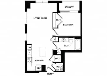 Floor Plan  one bedroom floor plan at The Bradley